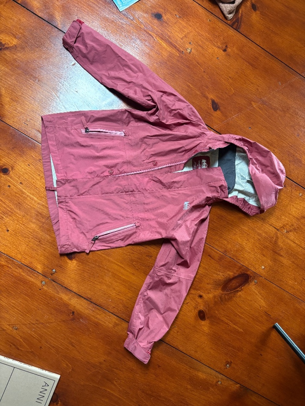 REI Rainier rain jacket, waterproof shell, kids size 8, burgundy